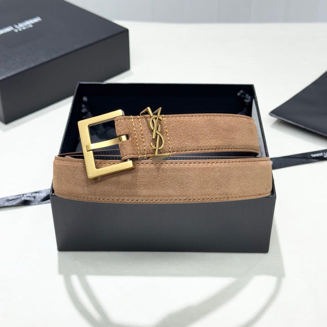 YSL 25S BELT 30 MM IN CARAMEL BROWN SUEDE 586761
