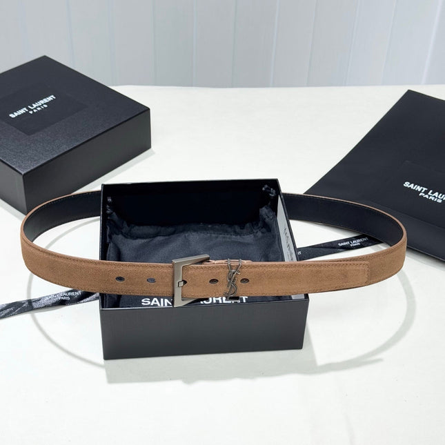YSL 25S BELT 30 MM IN CARAMEL BROWN SUEDE 586762