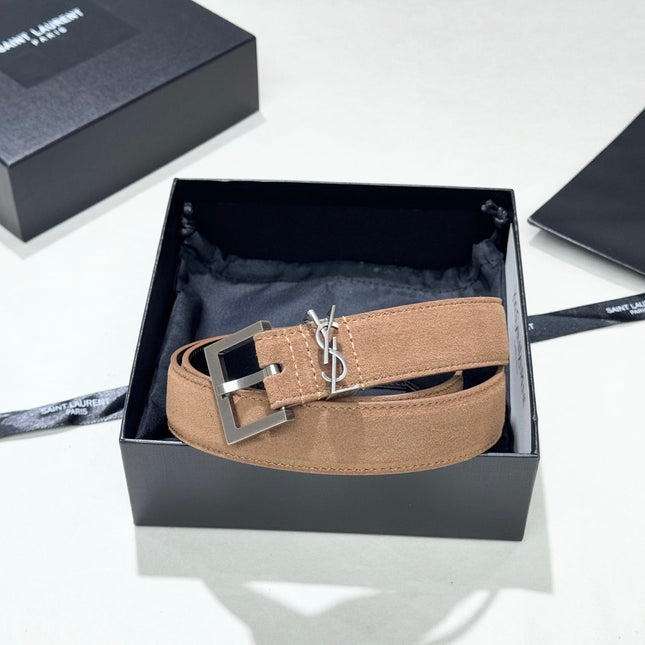 YSL 25S BELT 30 MM IN CARAMEL BROWN SUEDE 586762