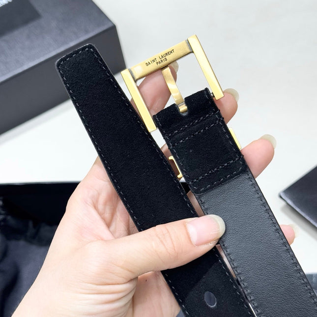 YSL 25S BELT 30 MM IN BLACK SUEDE WITH GOLD HARDWARE 586763