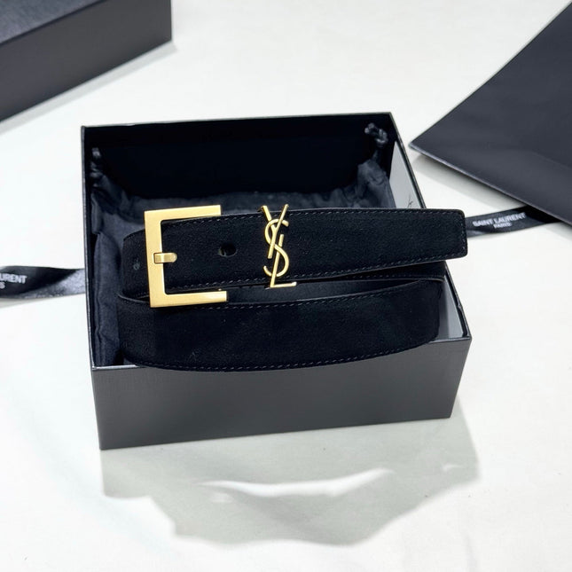 YSL 25S BELT 30 MM IN BLACK SUEDE WITH GOLD HARDWARE 586763