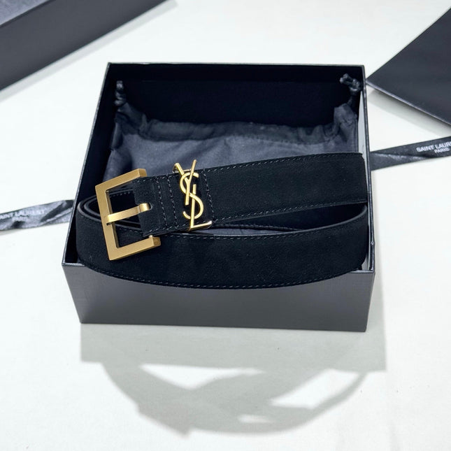 YSL 25S BELT 30 MM IN BLACK SUEDE WITH GOLD HARDWARE 586763
