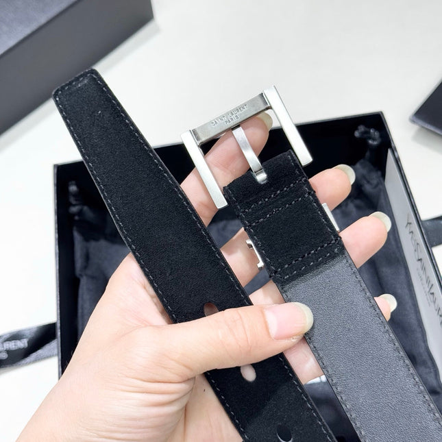 YSL 25S BELT 30 MM IN BLACK SUEDE WITH SILVER HARDWARE 586764