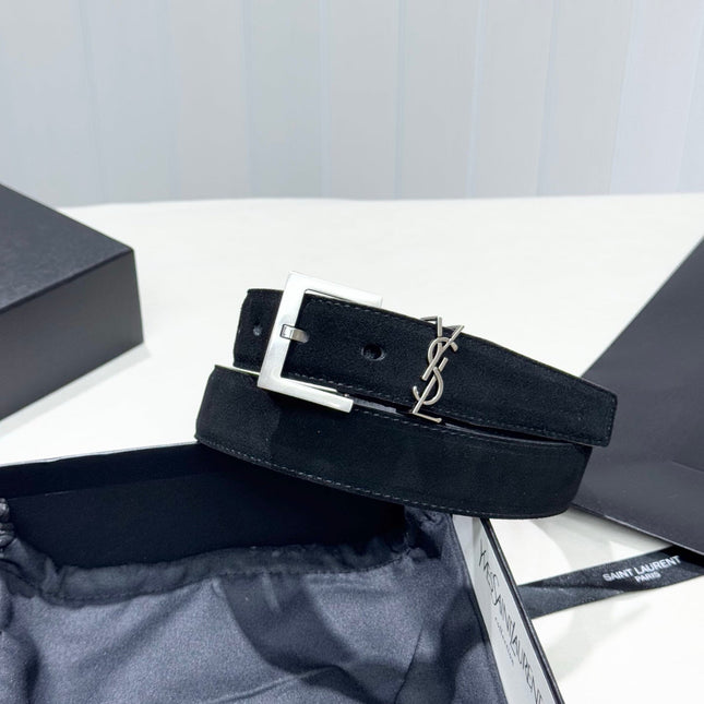 YSL 25S BELT 30 MM IN BLACK SUEDE WITH SILVER HARDWARE 586764