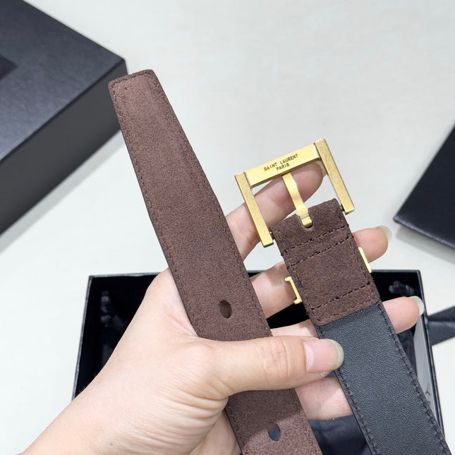 YSL 25S BELT 30 MM IN ASH BROWN SUEDE WITH GOLD HARDWARE 586765