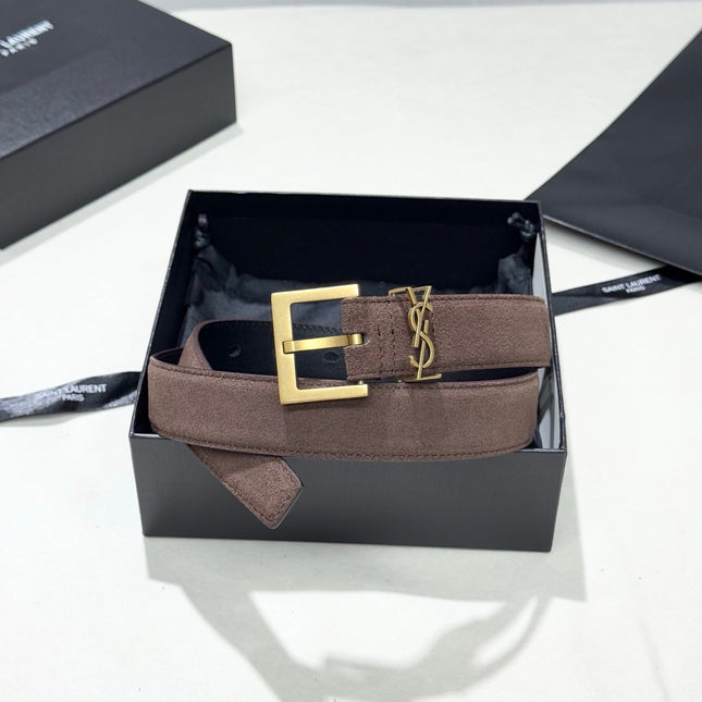 YSL 25S BELT 30 MM IN ASH BROWN SUEDE WITH GOLD HARDWARE 586765