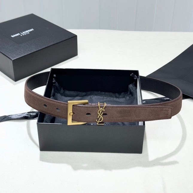 YSL 25S BELT 30 MM IN ASH BROWN SUEDE WITH GOLD HARDWARE 586765
