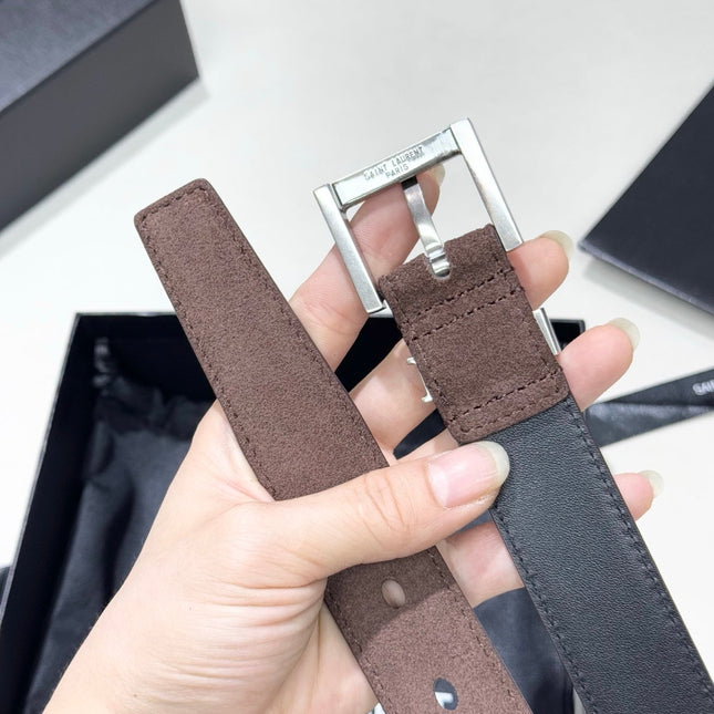 YSL 25S BELT 30 MM IN ASH BROWN SUEDE WITH SILVER HARDWARE 586766