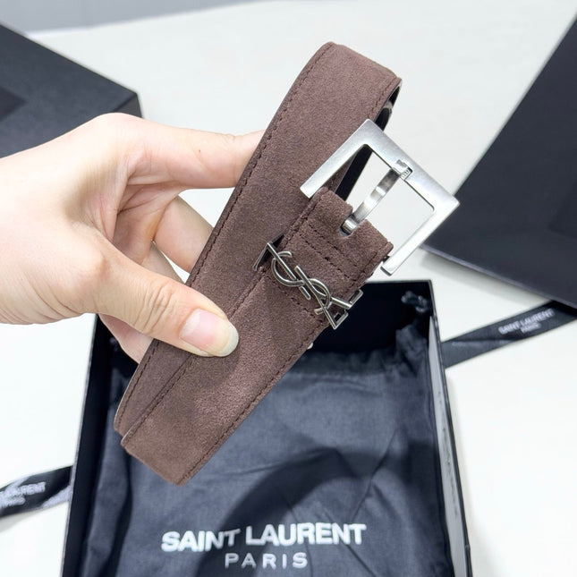 YSL 25S BELT 30 MM IN ASH BROWN SUEDE WITH SILVER HARDWARE 586766