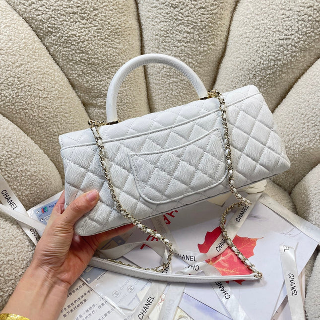 CHANEL 26S COCO HANDLE BAG 32 IN WHITE CAVIAR CALFSKIN GOLD HARDWARE