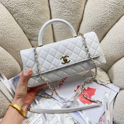 CHANEL 26S COCO HANDLE BAG 32 IN WHITE CAVIAR CALFSKIN GOLD HARDWARE