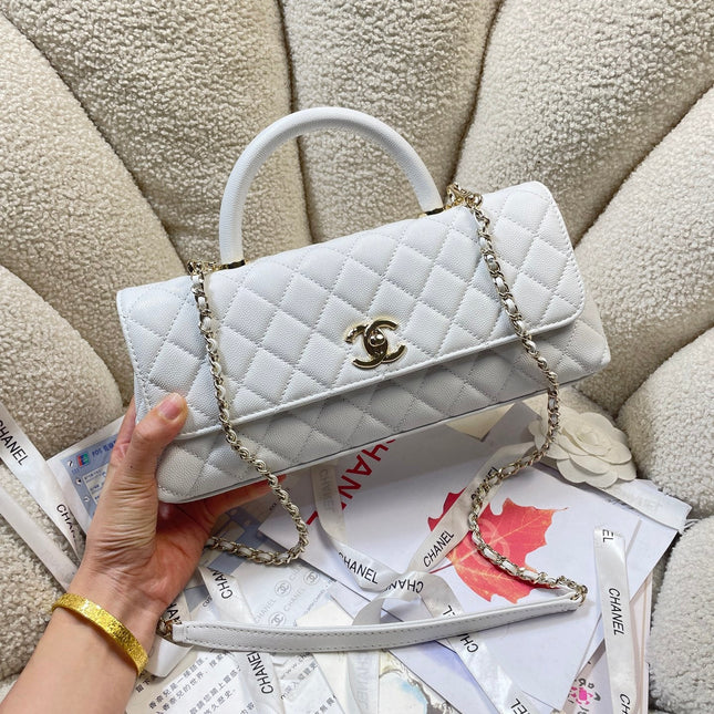 CHANEL 26S COCO HANDLE BAG 32 IN WHITE CAVIAR CALFSKIN GOLD HARDWARE