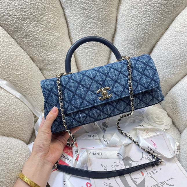 CHANEL 26S COCO HANDLE BAG 32 IN BLUE DENIM GOLD HARDWARE