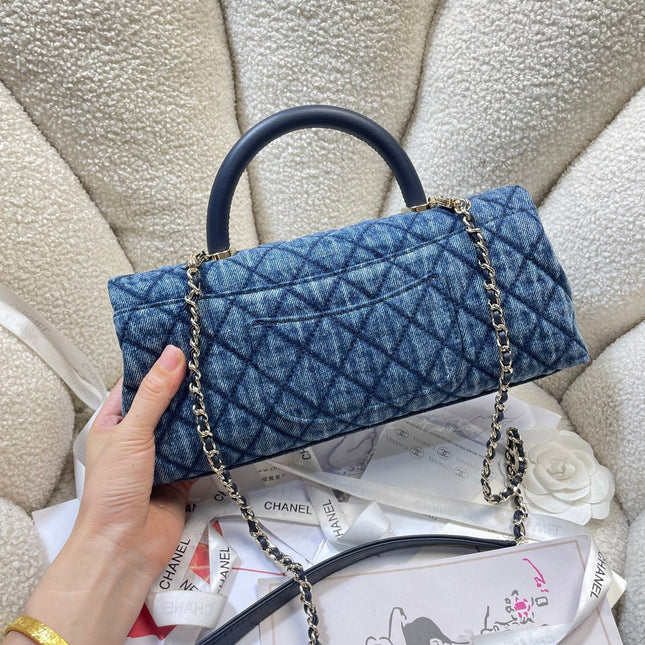 CHANEL 26S COCO HANDLE BAG 32 IN BLUE DENIM GOLD HARDWARE