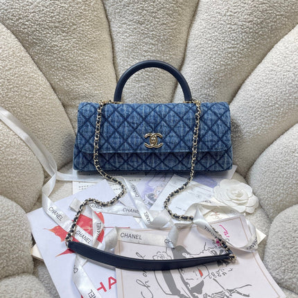 CHANEL 26S COCO HANDLE BAG 32 IN BLUE DENIM GOLD HARDWARE