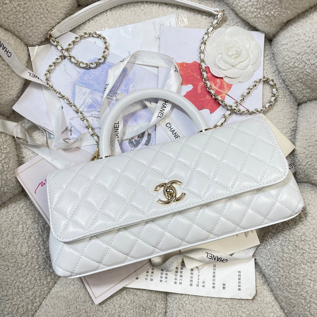 CHANEL 26S COCO HANDLE BAG 32 IN WHITE LAMBSKIN GOLD HARDWARE