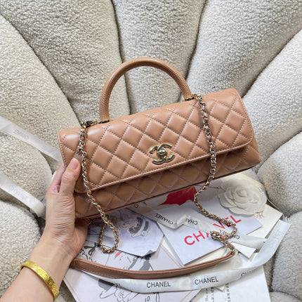 CHANEL 26S COCO HANDLE BAG 32 IN DARK BEIGE CAVIAR CALFSKIN GOLD HARDWARE