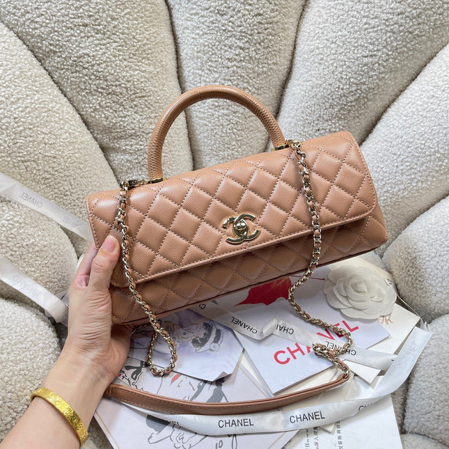 CHANEL 26S COCO HANDLE BAG 32 IN DARK BEIGE CAVIAR CALFSKIN GOLD HARDWARE