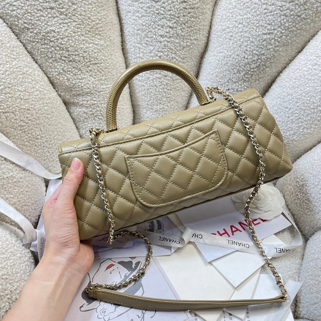 CHANEL 26S COCO HANDLE BAG 32 IN OLIVE BROWN CAVIAR CALFSKIN GOLD HARDWARE