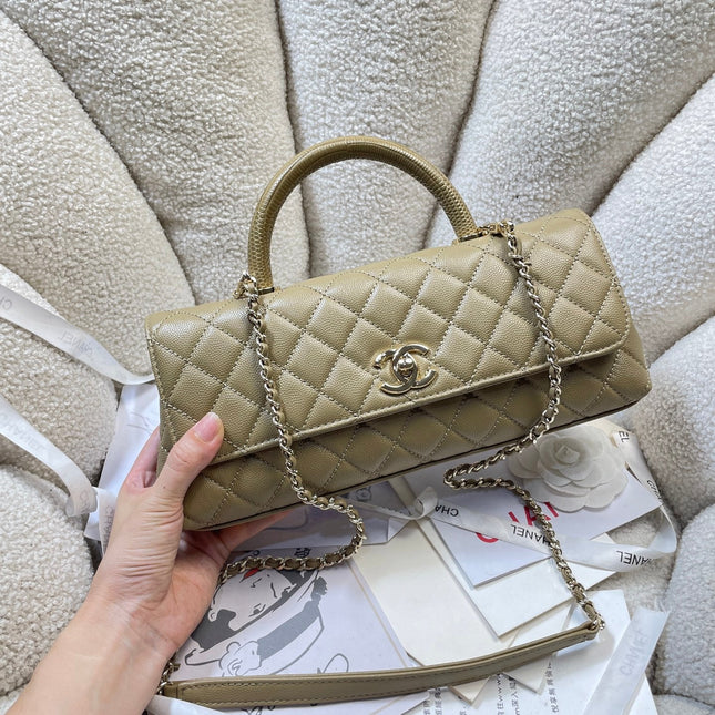 CHANEL 26S COCO HANDLE BAG 32 IN OLIVE BROWN CAVIAR CALFSKIN GOLD HARDWARE