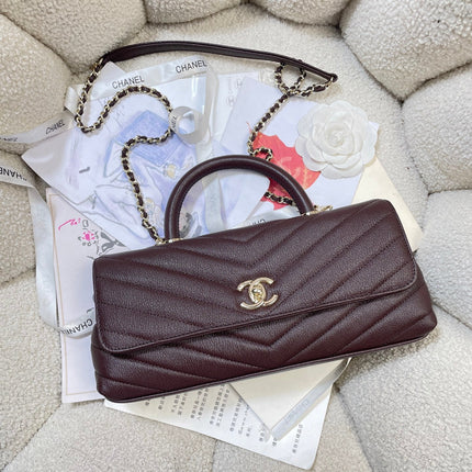 CHANEL 26S COCO HANDLE BAG 32 IN BURGUNDY RED GRAINED CALFSKIN GOLD HARDWARE