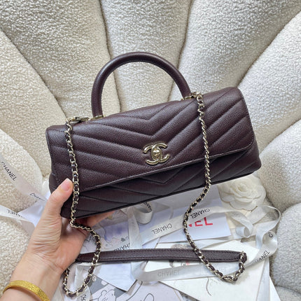 CHANEL 26S COCO HANDLE BAG 32 IN BURGUNDY RED GRAINED CALFSKIN GOLD HARDWARE