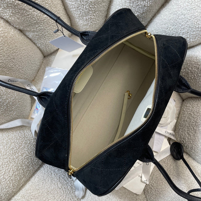 CHANEL 26S TOP HANDLE BAG MEDIUM 35 IN BLACK QUILTED SUEDE AND CALFSKIN GOLD HARDWARE