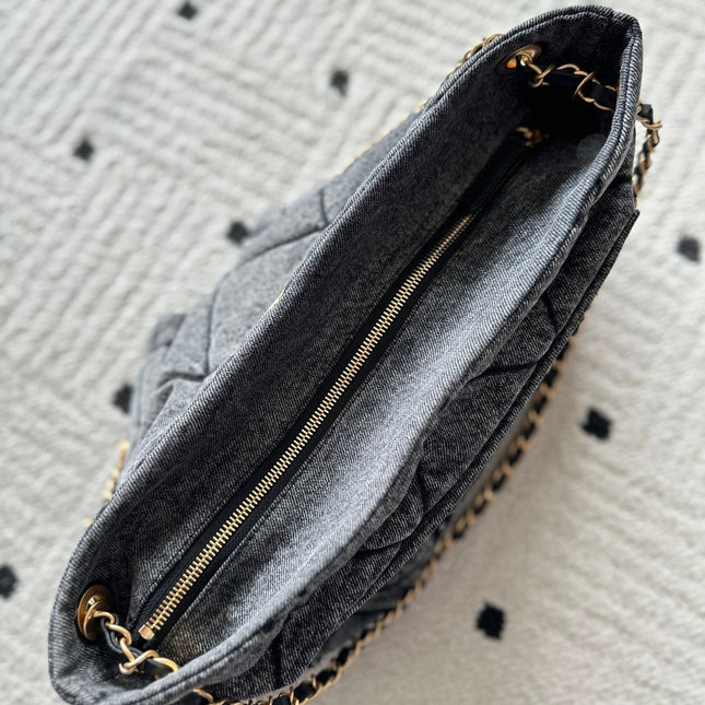 CHANEL 25S HOBO BAG 38 IN DARK GREY DENIM WITH GOLD HARDWARE