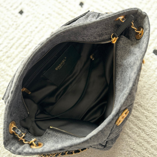 CHANEL 25S HOBO BAG 38 IN DARK GREY DENIM WITH GOLD HARDWARE