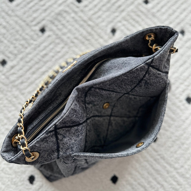 CHANEL 25S HOBO BAG 38 IN DARK GREY DENIM WITH GOLD HARDWARE