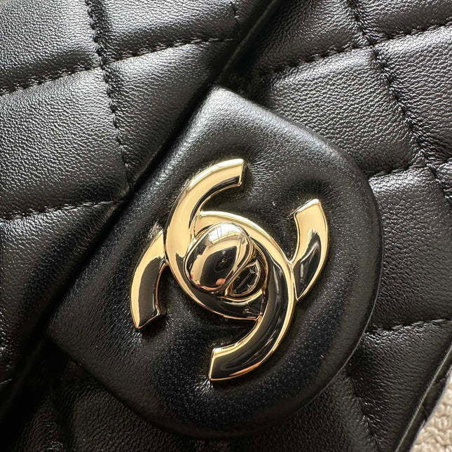 CHANEL 25S CLASSIC FLAP BAG MINI 20 IN BLACK LAMBSKIN WITH GOLD HARDWARE