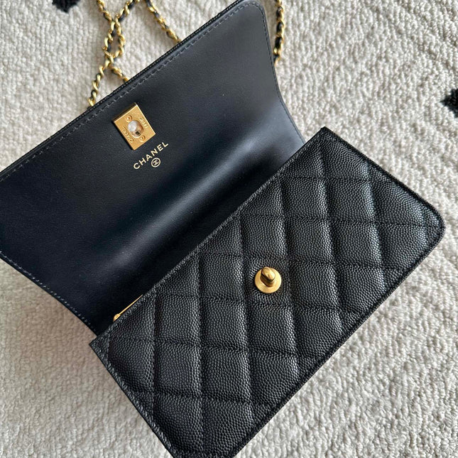 CHANEL 25S CLASSIC WALLET ON CHAIN 19 IN BLACK LAMBSKIN WITH GOLD HARDWARE