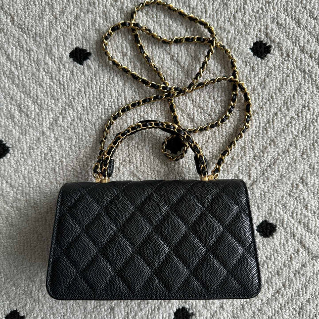 CHANEL 25S CLASSIC WALLET ON CHAIN 19 IN BLACK LAMBSKIN WITH GOLD HARDWARE