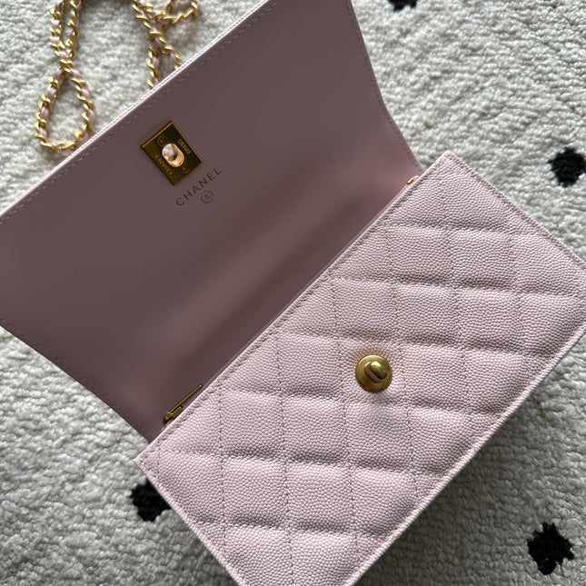 CHANEL 25S CLASSIC WALLET ON CHAIN 19 IN LIGHT PINK LAMBSKIN WITH GOLD HARDWARE