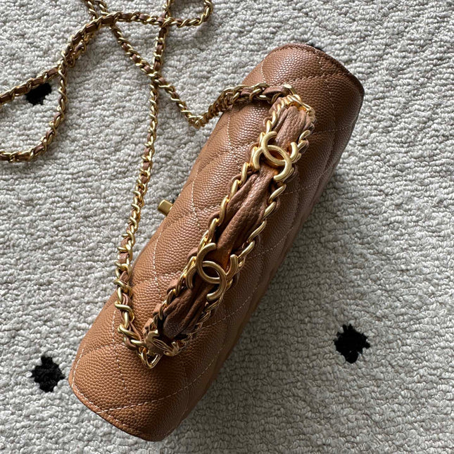 CHANEL 25S CLASSIC WALLET ON CHAIN 19 IN BROWN LAMBSKIN WITH GOLD HARDWARE