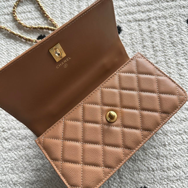 CHANEL 25S CLASSIC WALLET ON CHAIN 19 IN BROWN LAMBSKIN WITH GOLD HARDWARE