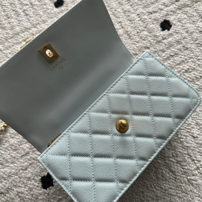 CHANEL 25S CLASSIC WALLET ON CHAIN 19 IN MINT GREEN PASTEL LAMBSKIN WITH GOLD HARDWARE