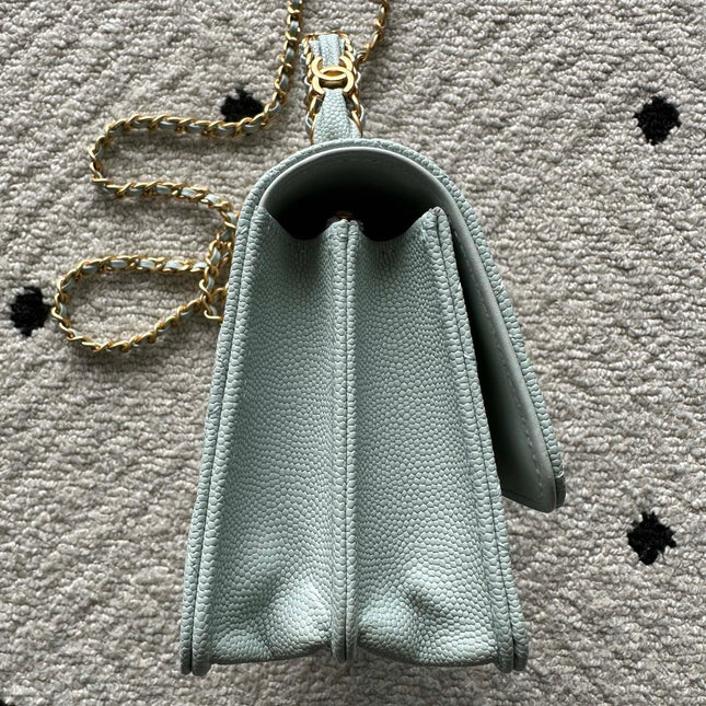 CHANEL 25S CLASSIC WALLET ON CHAIN 19 IN MINT GREEN PASTEL LAMBSKIN WITH GOLD HARDWARE
