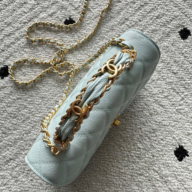 CHANEL 25S CLASSIC WALLET ON CHAIN 19 IN MINT GREEN PASTEL LAMBSKIN WITH GOLD HARDWARE