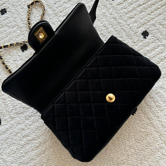 CHANEL 25S MINI FLAP BAG 23 IN BLACK VELVET WITH GOLD HARDWARE