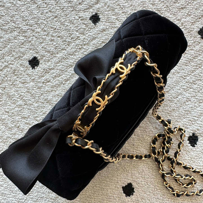 CHANEL 25S MINI FLAP BAG 23 IN BLACK VELVET WITH GOLD HARDWARE