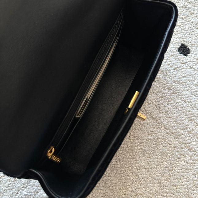 CHANEL 25S MINI FLAP BAG 23 IN BLACK VELVET WITH GOLD HARDWARE