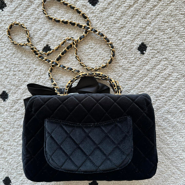 CHANEL 25S MINI FLAP BAG 23 IN BLACK VELVET WITH GOLD HARDWARE