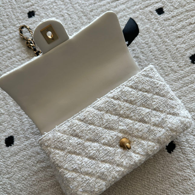CHANEL 25S MINI FLAP BAG 23 IN CREAM WHITE TWEED WITH GOLD HARDWARE