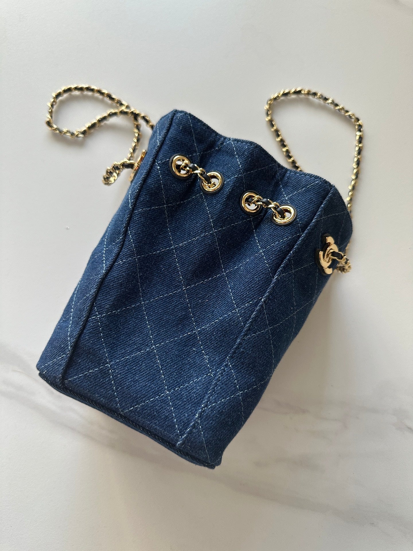 CHANEL 26S MINI BUCKET BAG 18 IN BLUE QUILTED DENIM GOLD HARDWARE