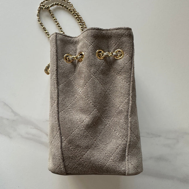 CHANEL 26S MINI BUCKET BAG 18 IN GREY QUILTED SUEDE GOLD HARDWARE