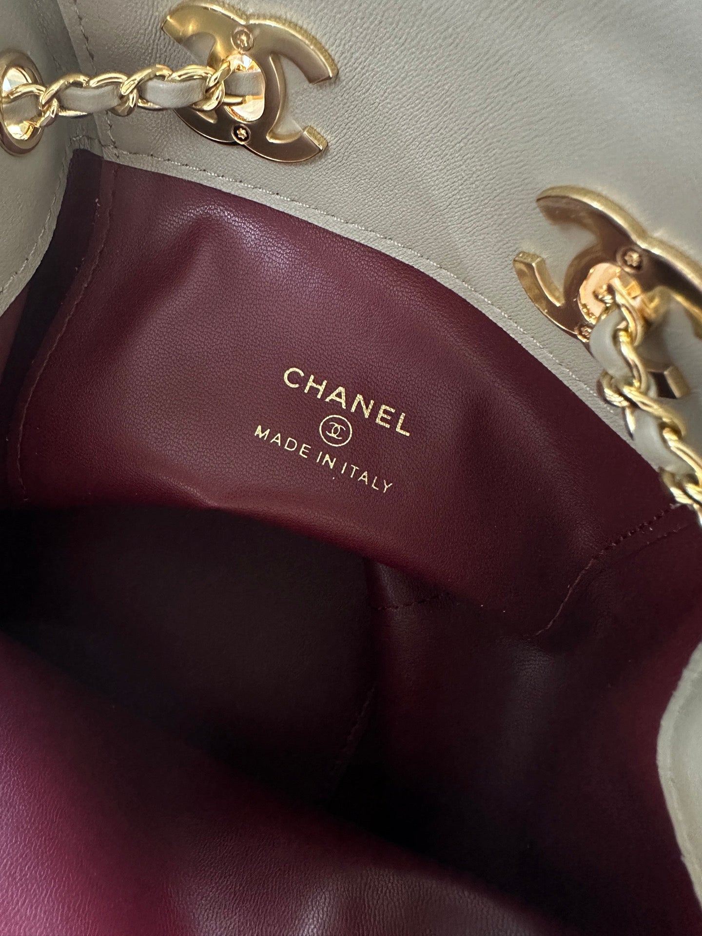 CHANEL 26S MINI BUCKET BAG 18 IN GREY QUILTED SUEDE GOLD HARDWARE