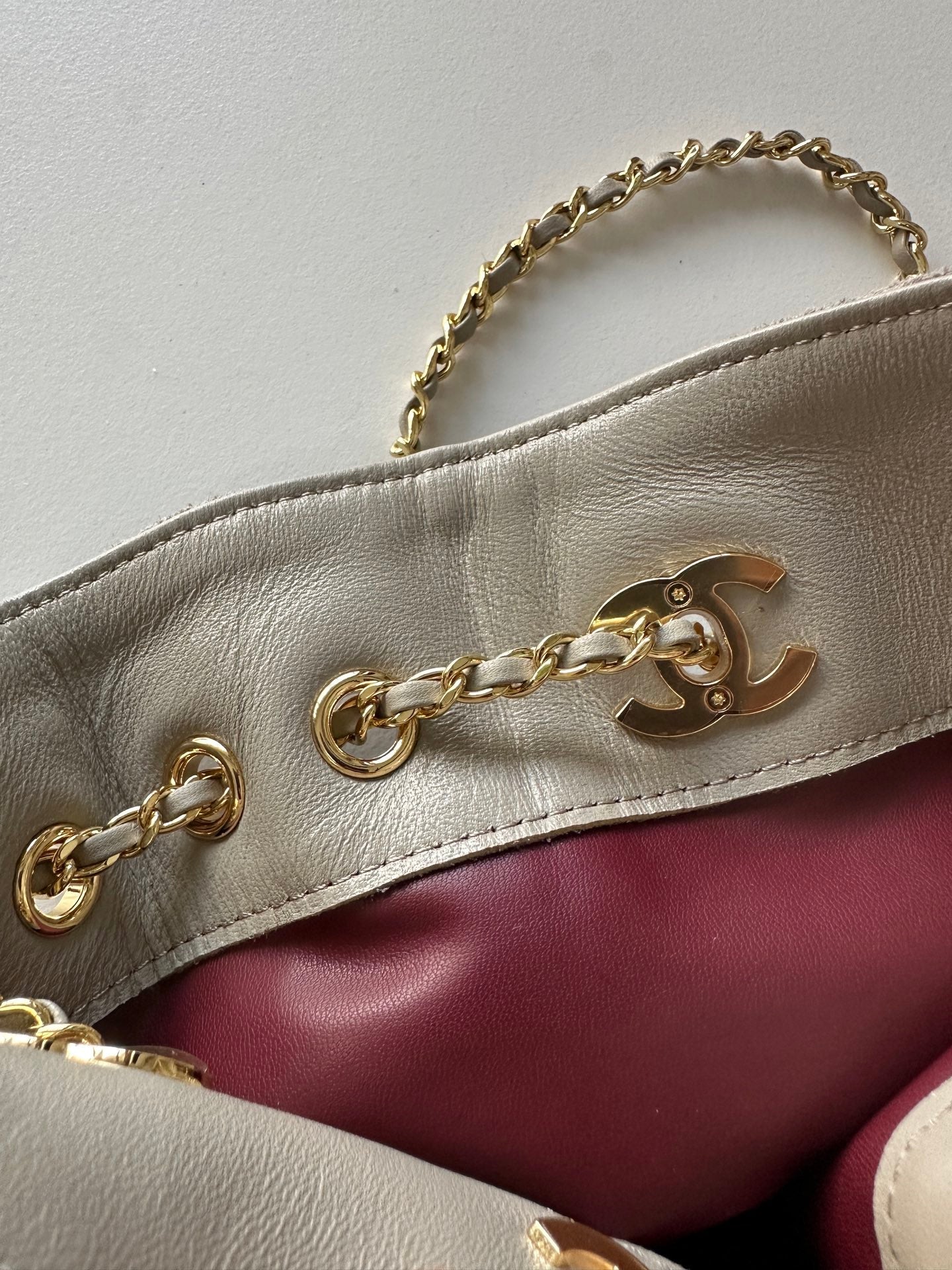CHANEL 26S MINI BUCKET BAG 18 IN GREY QUILTED SUEDE GOLD HARDWARE