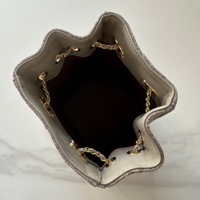 CHANEL 26S MINI BUCKET BAG 18 IN GREY QUILTED SUEDE GOLD HARDWARE