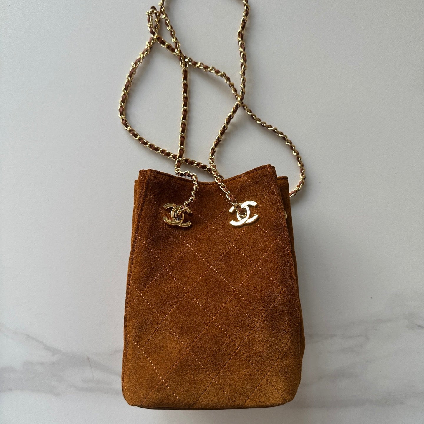 CHANEL 26S MINI BUCKET BAG 18 IN CARAMEL BROWN QUILTED SUEDE GOLD HARDWARE